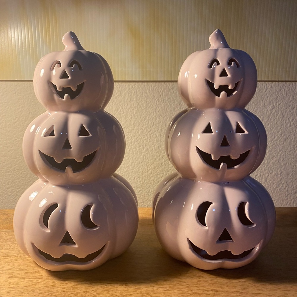 Martha Stewart Set of 2 - Stacked Ceramic Pink Pumpkins - Halloween Decor - New